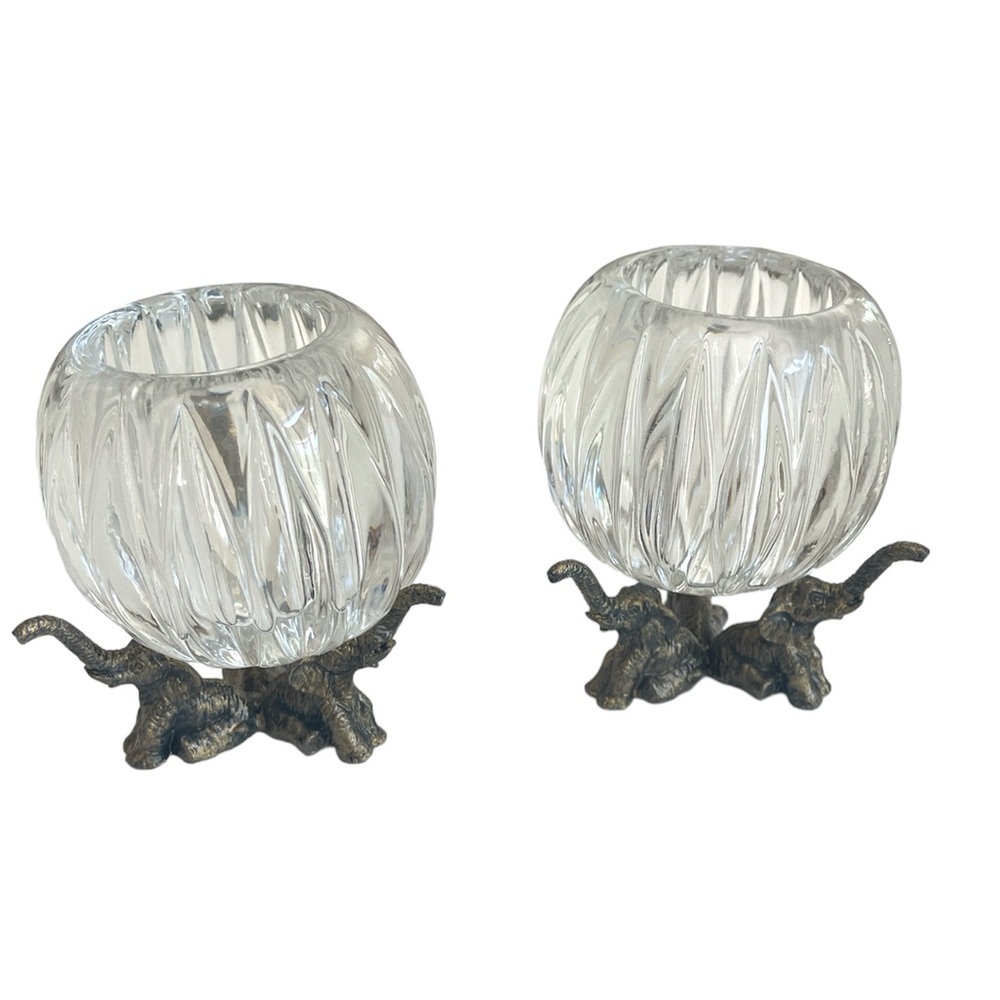 Crystal Glass Votive Candle Holders Set With Metal Elephant Tripod New